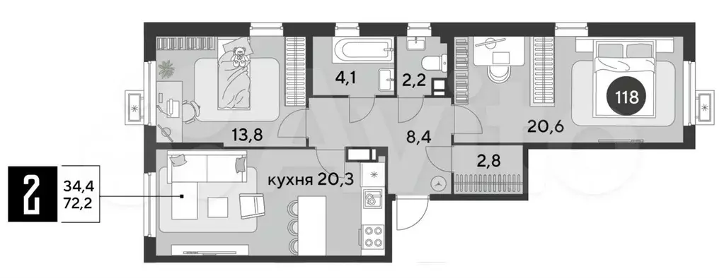 2-к. квартира, 72,2 м, 12/18 эт. - Фото 1