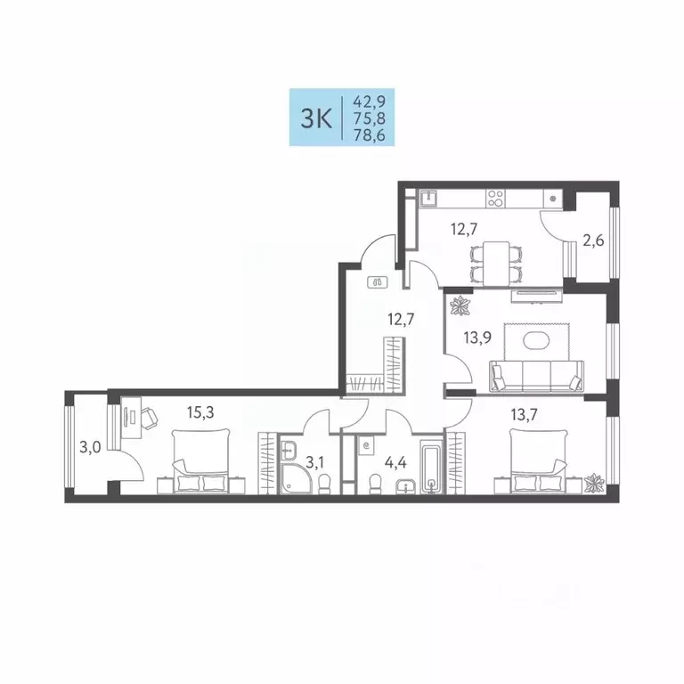 3-к кв. Пермский край, Пермь ул. Левченко, 8 (78.6 м) - Фото 1