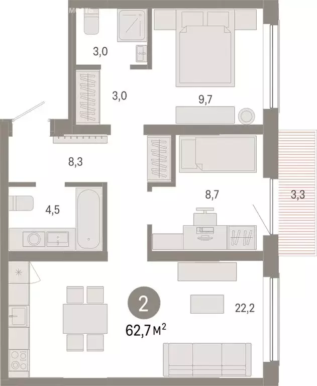 2-комнатная квартира: Новосибирск, Большевистская улица, с49 (62.73 м) - Фото 0