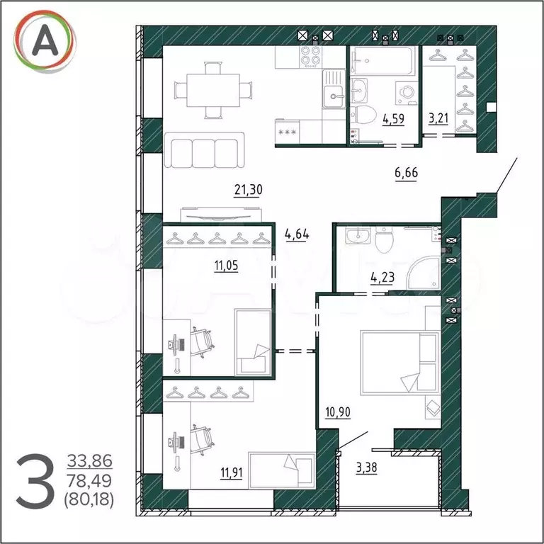 3-к. квартира, 80,2м, 6/9эт. - Фото 1