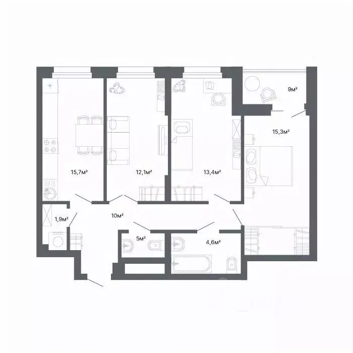 3-к кв. Свердловская область, Екатеринбург ул. Комсомольская, 67 (71.0 ... - Фото 2