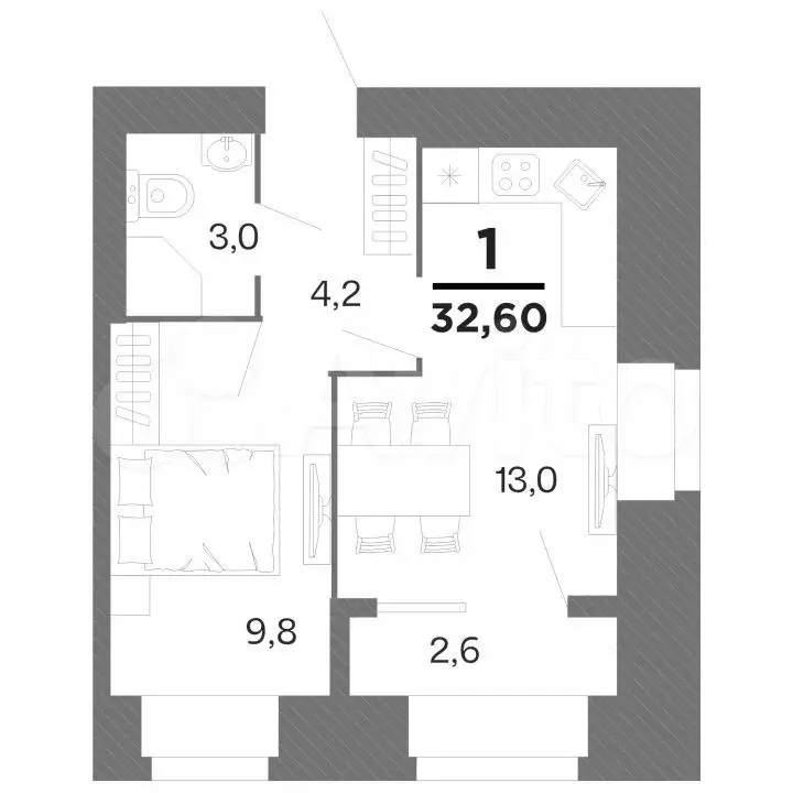 1-к. квартира, 32,6 м, 2/16 эт. - Фото 0