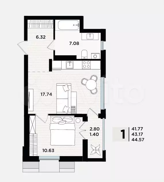1-к. квартира, 43,2 м, 4/5 эт. - Фото 1