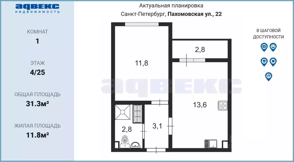 1-к кв. Санкт-Петербург ул. Пахомовская, 22 (31.3 м) - Фото 1