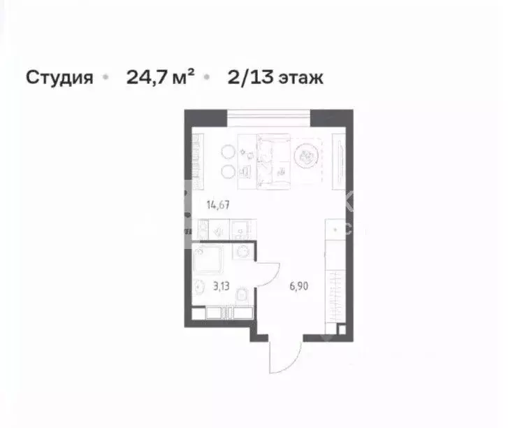 Студия Москва Шереметьевская ул., 21 (24.7 м) - Фото 2
