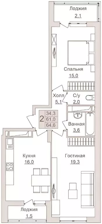 2-к кв. Московская область, Люберцы ул. Урицкого, 16к1 (63.0 м) - Фото 2
