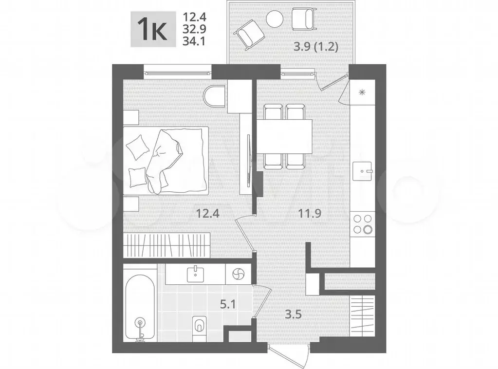 1-к. квартира, 34,1 м, 6/7 эт. - Фото 1