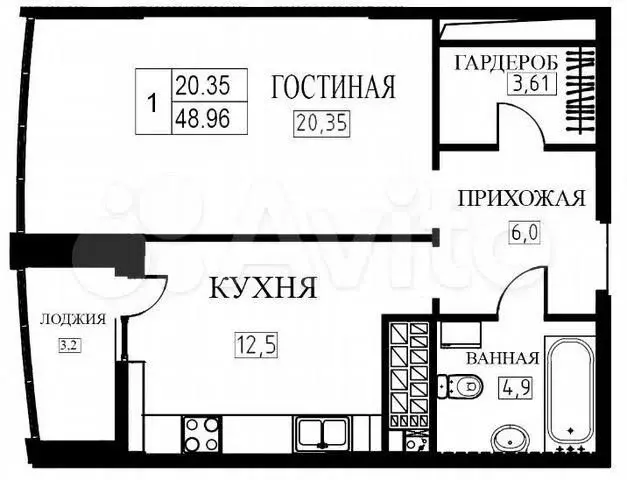 1-к. квартира, 49м, 13/23эт. - Фото 1