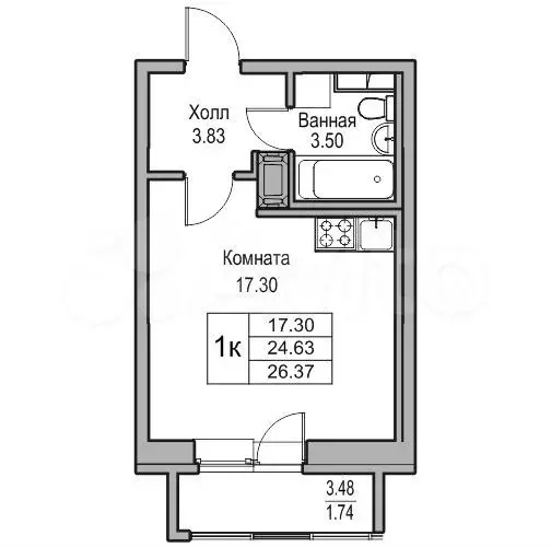 Квартира-студия, 24,6 м, 3/23 эт. - Фото 1