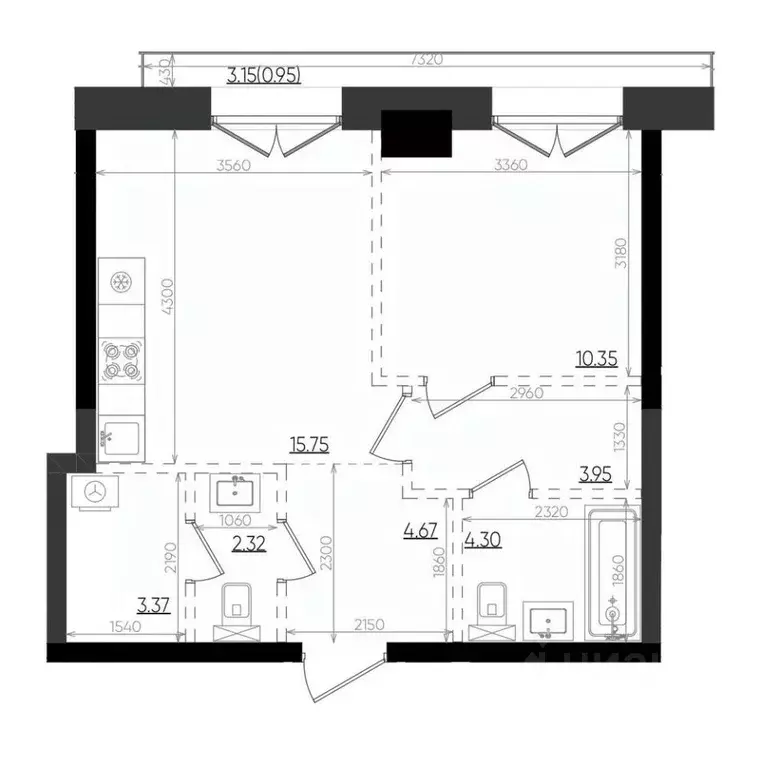 1-к кв. Татарстан, Казань Яналиф жилой комплекс (45.66 м) - Фото 1
