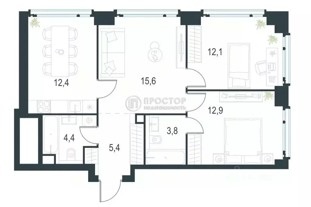3-к кв. Москва Озерная ул., 1к1/1 (66.6 м) - Фото 2