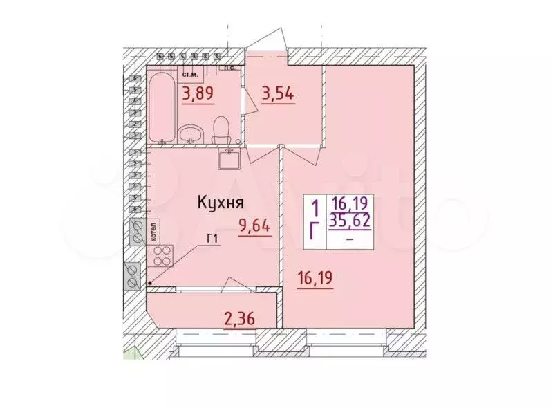 1-к. квартира, 35,6 м, 5/6 эт. - Фото 1