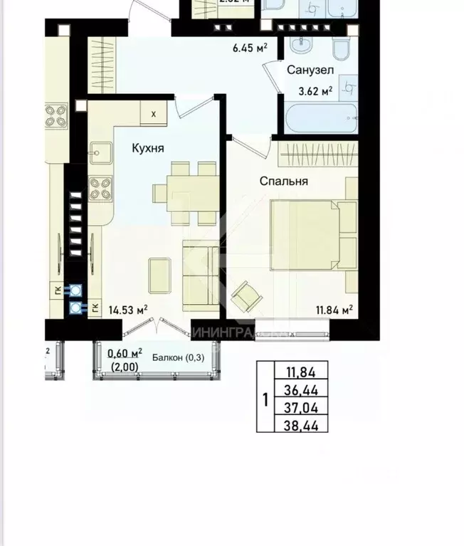 1-к кв. Калининградская область, Калининград ул. Сержанта Мишина, 83к1 ... - Фото 2