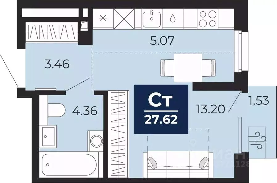 Студия Тюменская область, Тюмень Беринг жилой комплекс (26.55 м) - Фото 1