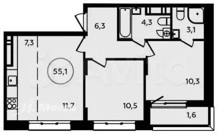 3-к. квартира, 55,1 м, 14/16 эт. - Фото 1