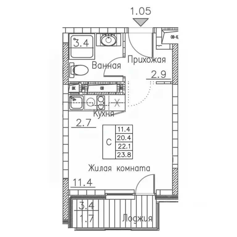 1-к кв. Приморский край, Владивосток ул. Расула Гамзатова, 7к1 (23.8 ... - Фото 1
