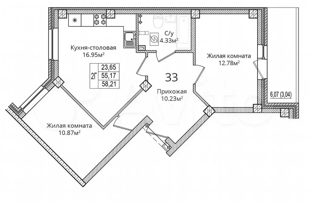 2-к. квартира, 58,7 м, 2/9 эт. - Фото 1