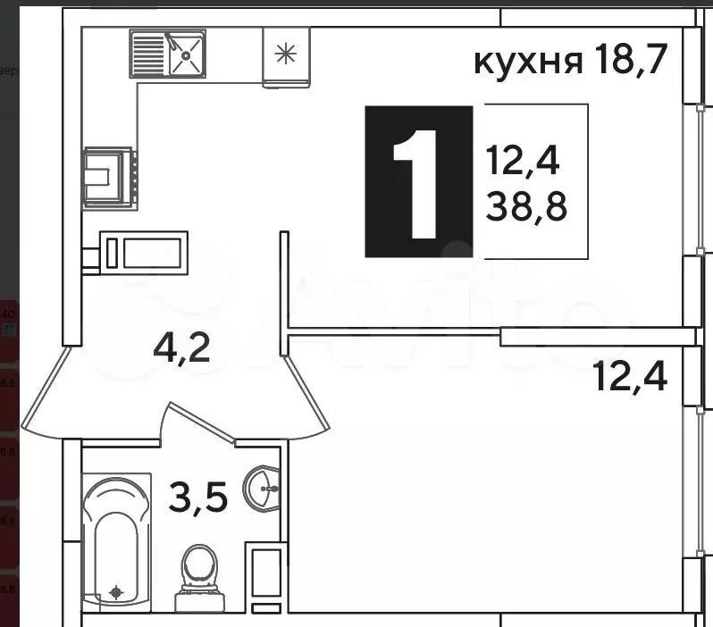 1-к. квартира, 38,8 м, 15/16 эт. - Фото 0