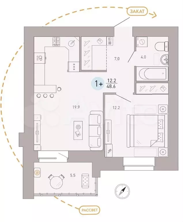 1-к. квартира, 48,6 м, 3/9 эт. - Фото 1