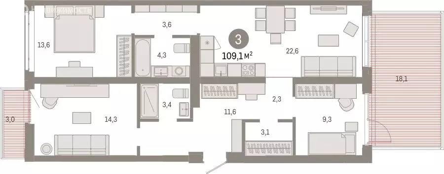 3-комнатная квартира: Тюмень, Ленинский округ (109.05 м) - Фото 1