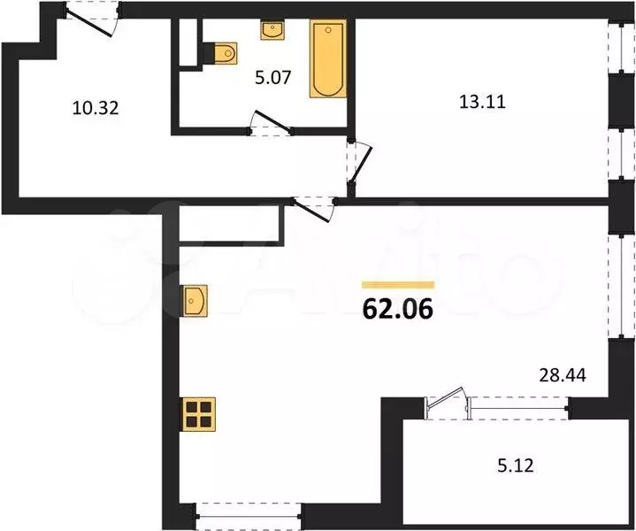 1-к. квартира, 62,1 м, 2/4 эт. - Фото 1