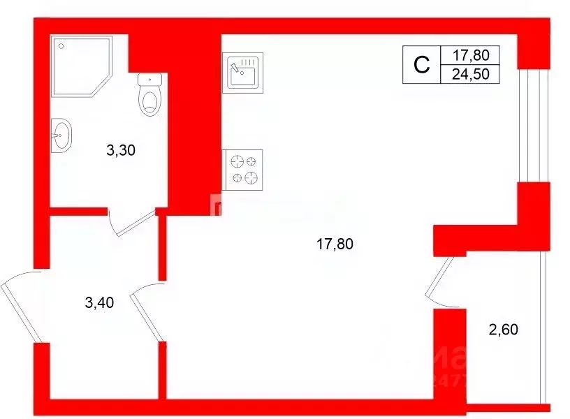 Студия Санкт-Петербург аллея Арцеуловская, 21 (24.5 м) - Фото 2