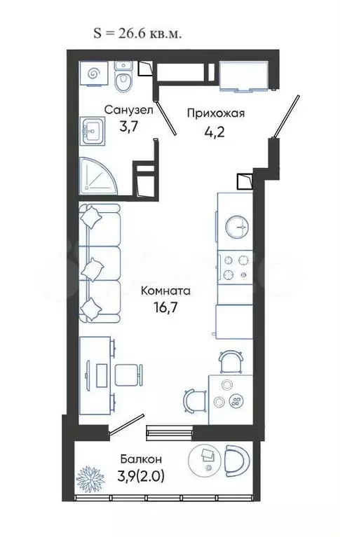 Квартира-студия, 26,6 м, 7/24 эт. - Фото 1