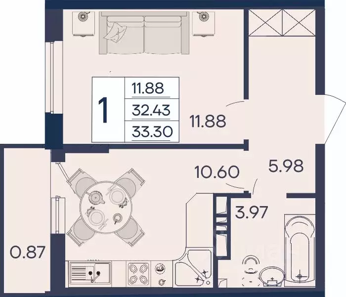 1-к кв. Краснодарский край, Краснодар  (33.3 м) - Фото 1