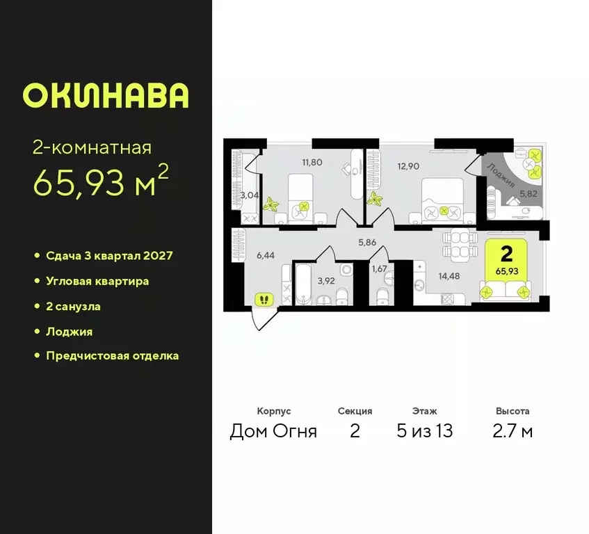 2-к кв. Тюменская область, Тюмень Окинава жилой комплекс (65.93 м) - Фото 0