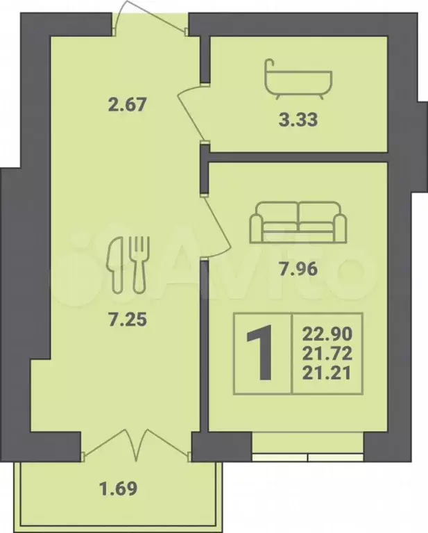 1-к. квартира, 22,9 м, 5/6 эт. - Фото 1