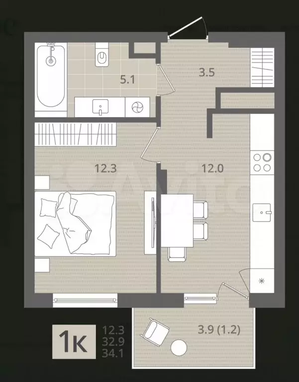 1-к. квартира, 34 м, 3/7 эт. - Фото 1
