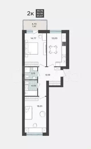 2-к. квартира, 62,4 м, 1/9 эт. - Фото 1
