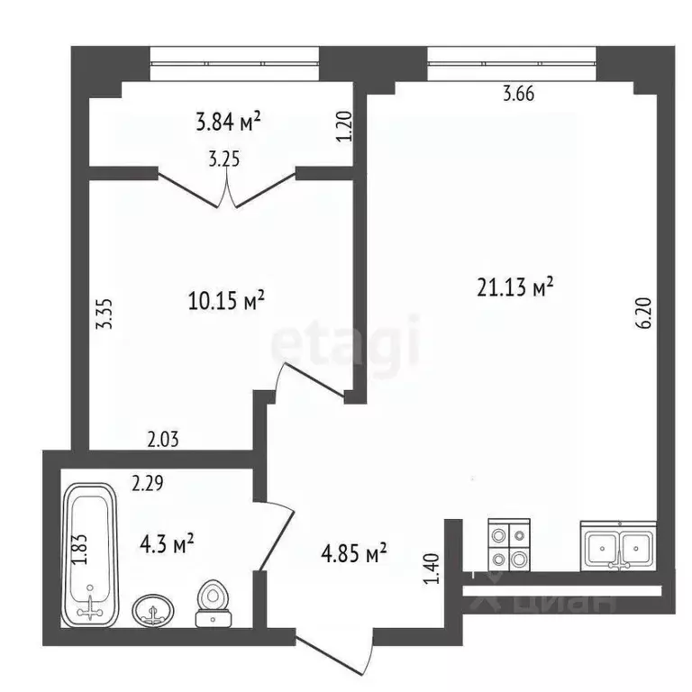1-к кв. Тюменская область, Тюмень ул. Пожарных и Спасателей, 1 (44.0 ... - Фото 2
