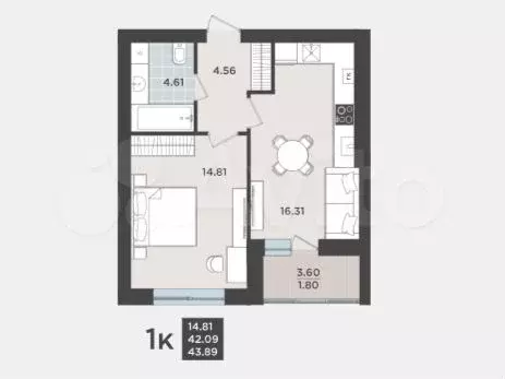1-к. квартира, 43,9 м, 3/9 эт. - Фото 1