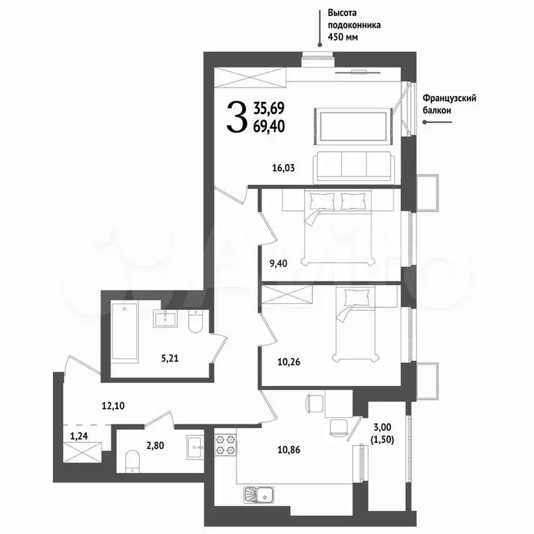 3-к. квартира, 69,5 м, 10/25 эт. - Фото 1