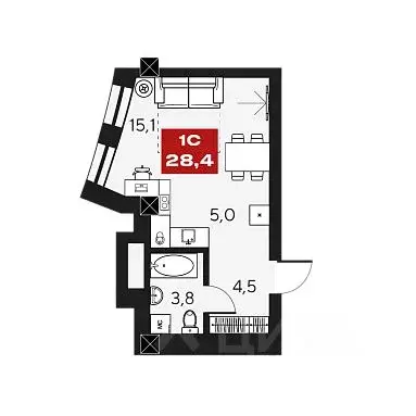 Студия Новосибирская область, Новосибирск  (28.4 м) - Фото 0