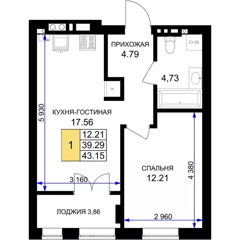 1-комнатная квартира: Гурьевск, жилой комплекс Включи (43.15 м) - Фото 0