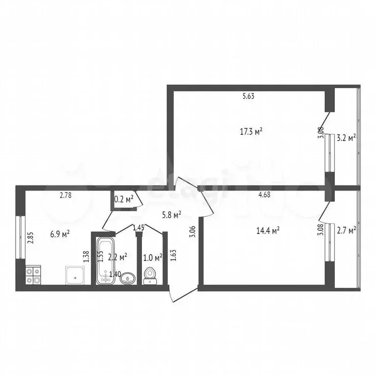 2-к. квартира, 48,4 м, 4/5 эт. - Фото 0