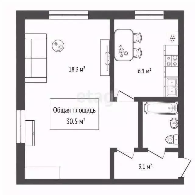 1-к кв. Новосибирская область, Новосибирск ул. Блюхера, 65 (30.5 м) - Фото 1