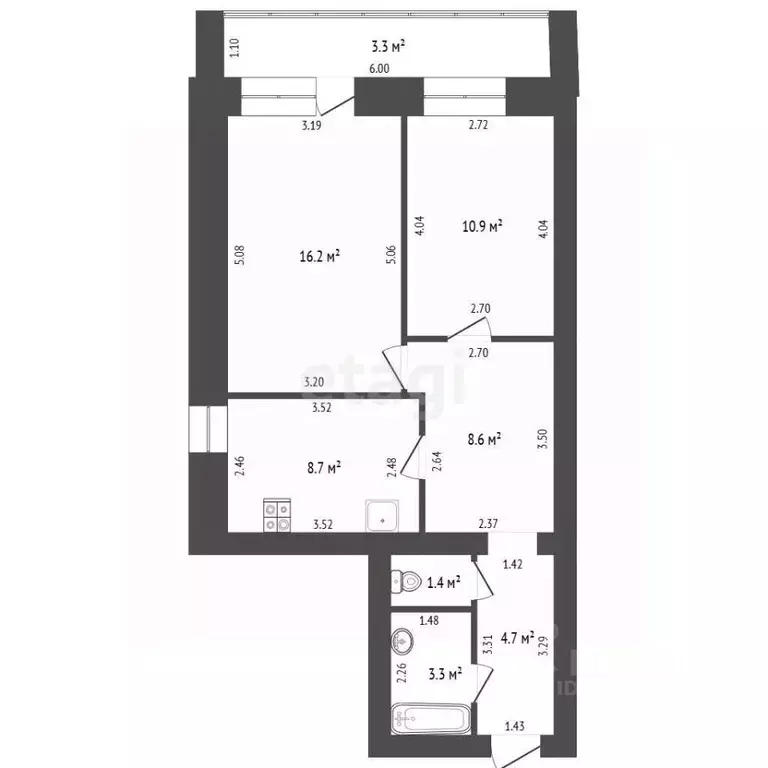 2-к кв. Башкортостан, Стерлитамак Коммунистическая ул., 75А (53.8 м) - Фото 2