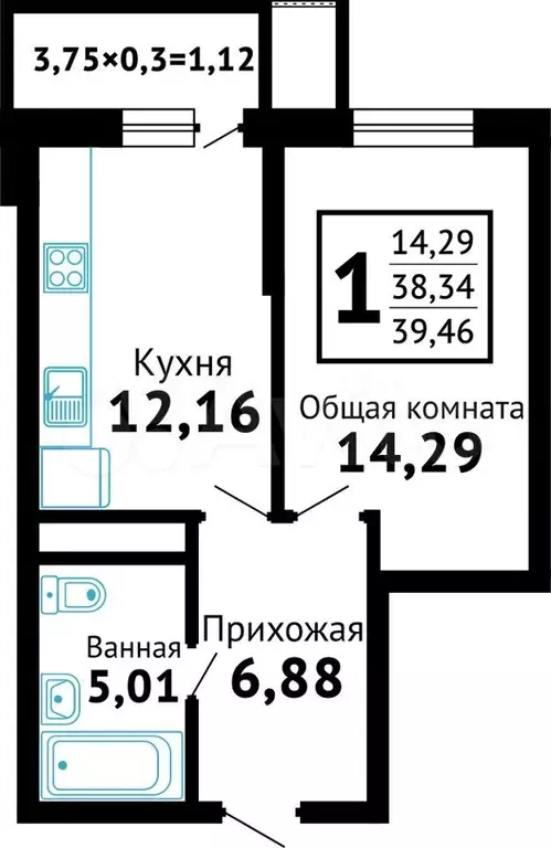 1-к. квартира, 39,5 м, 1/12 эт. - Фото 0