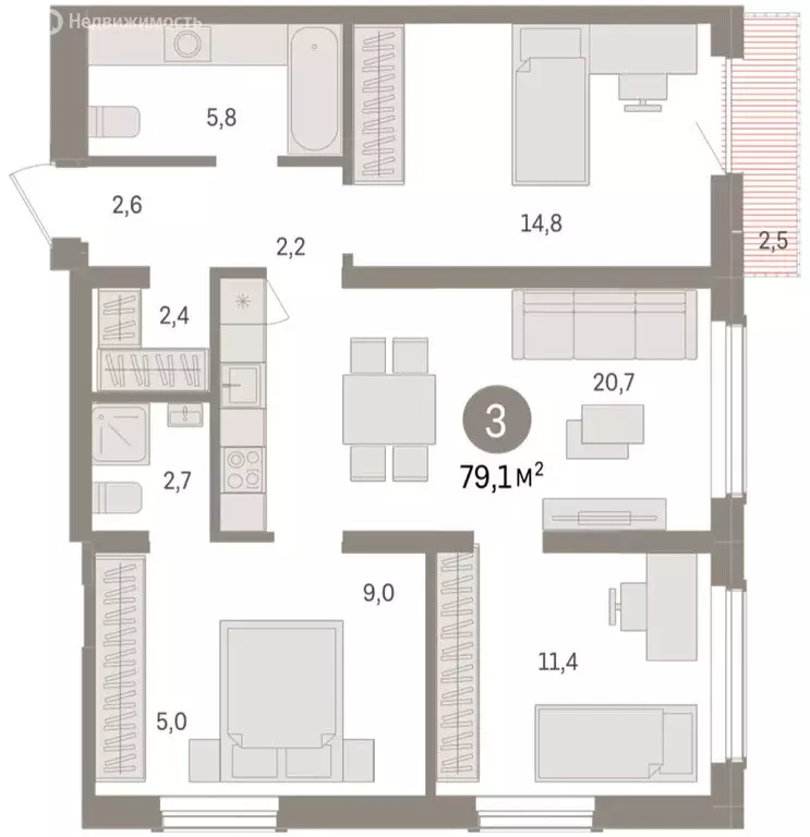 3-комнатная квартира: Новосибирск, улица Аэропорт (79.11 м) - Фото 1