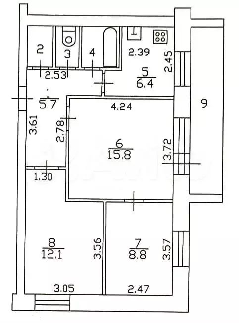 3-к. квартира, 53,3 м, 4/9 эт. - Фото 0