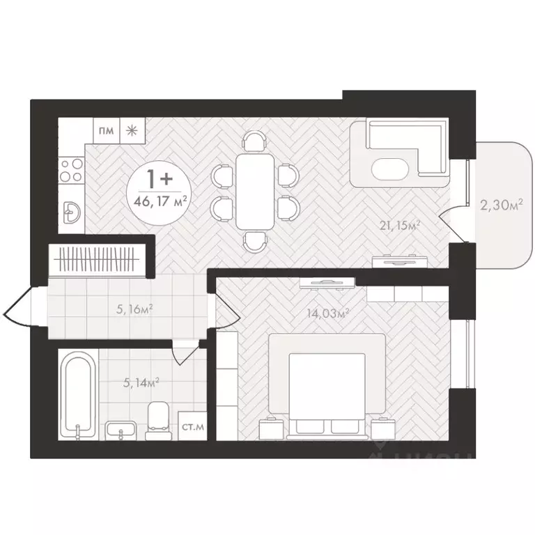 1-к кв. Башкортостан, Уфа Южный-2 мкр,  (46.17 м) - Фото 1