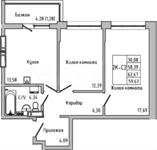 2-к. квартира, 59 м, 5/22 эт. - Фото 1