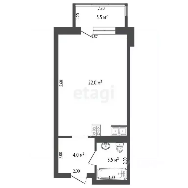 Студия Тюменская область, Тюмень ул. 2-я Луговая, 24к2 (29.4 м) - Фото 2