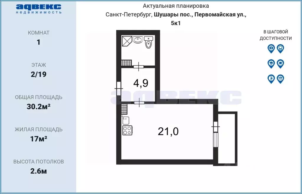 Студия Санкт-Петербург пос. Шушары, Первомайская ул., 5к1 (33.2 м) - Фото 1