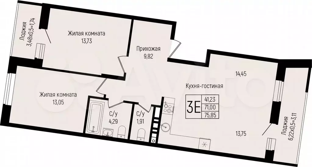2-к. квартира, 75,8 м, 4/15 эт. - Фото 0
