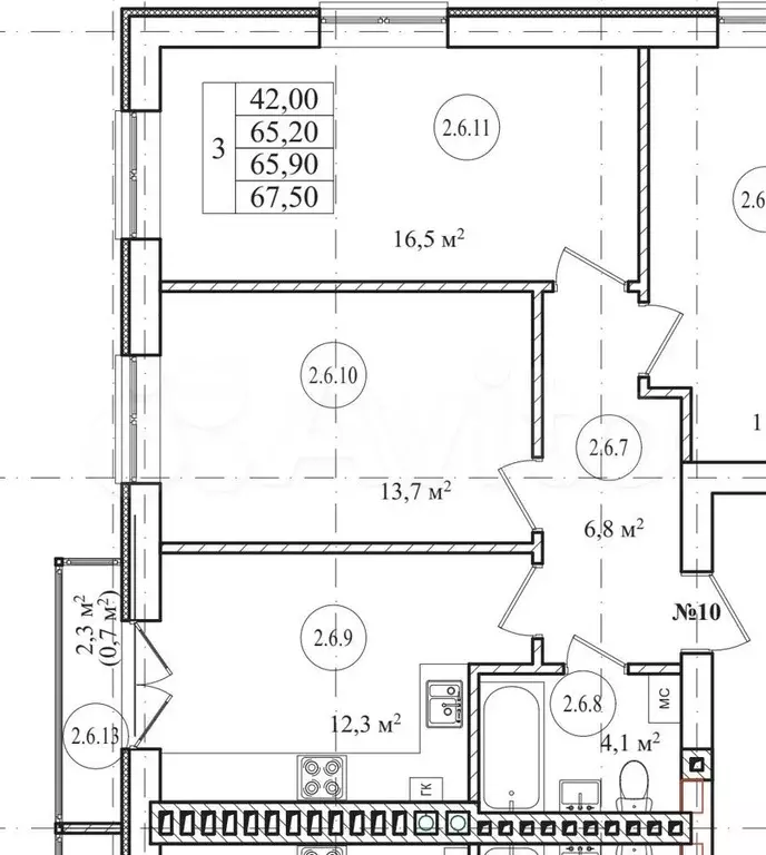 3-к. квартира, 66,5 м, 2/6 эт. - Фото 1