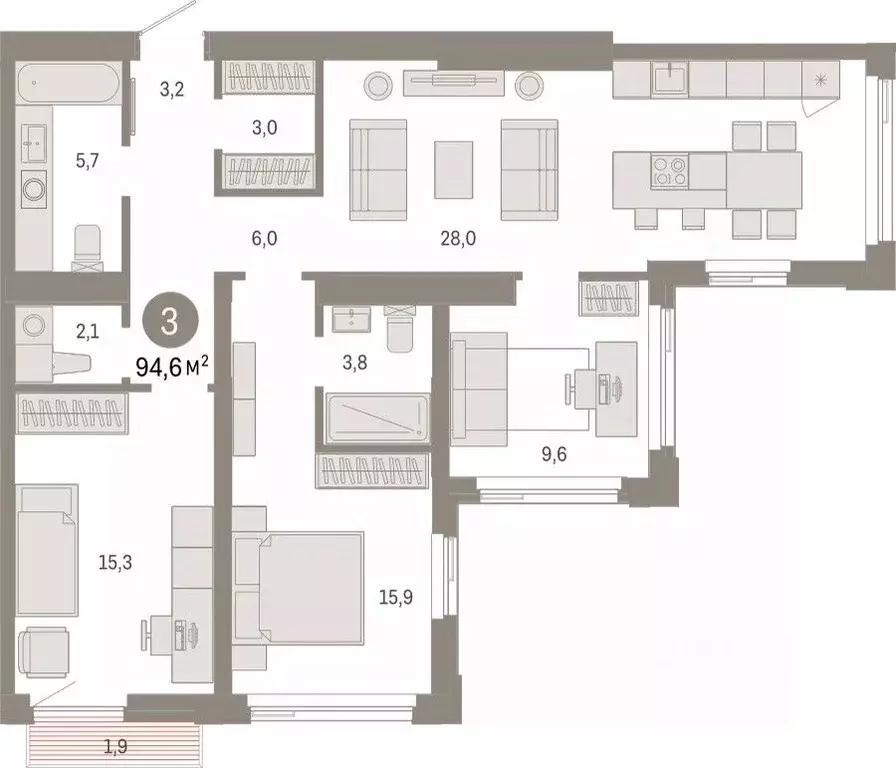3-к кв. Тюменская область, Тюмень ул. Павла Фитина, 7 (94.6 м) - Фото 2